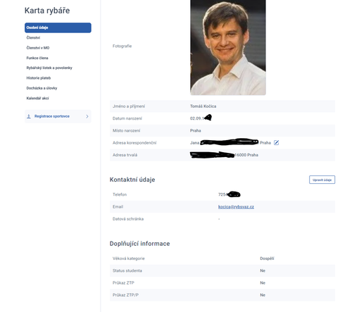 Karta člena po přihlášení